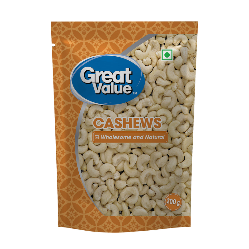 GREAT VALUE CASHEWS WHITE WHOLES 200 G